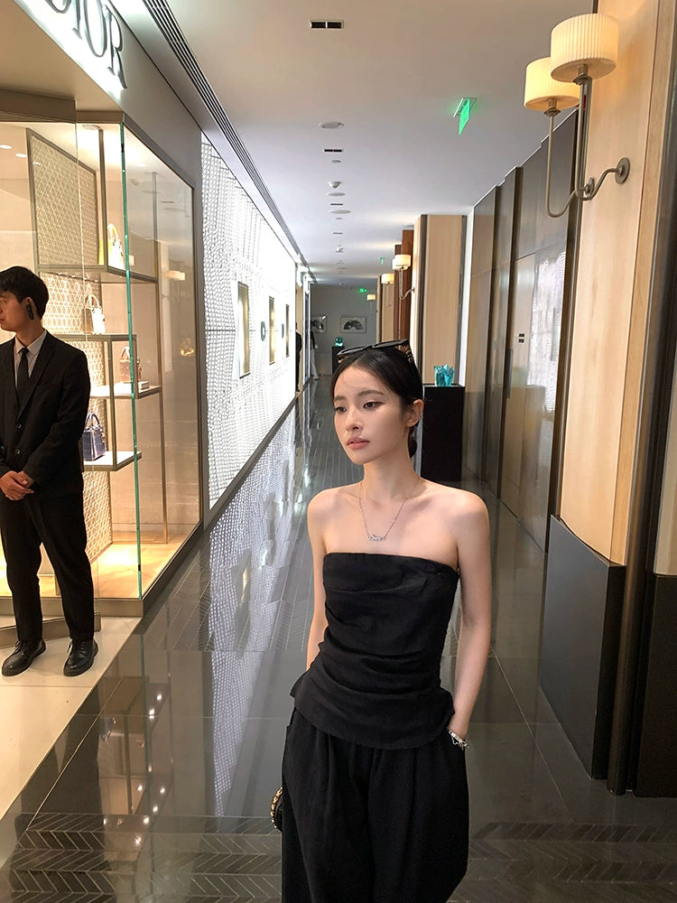 White Linen Strapless Crop Top & Wide-Leg Pants Set – Elegant Summer Two-Piece Outfit (Available in 2 Colors)