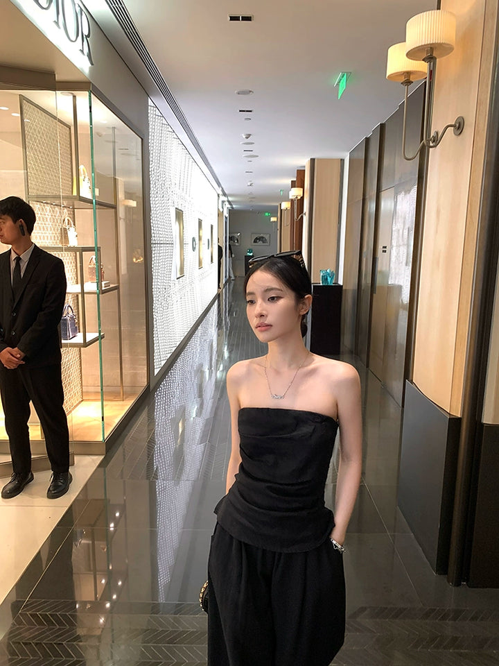 White Linen Strapless Crop Top & Wide-Leg Pants Set – Elegant Summer Two-Piece Outfit (Available in 2 Colors)