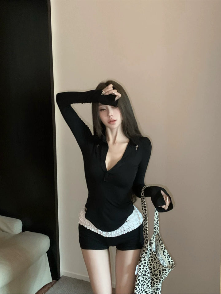 Black V-Neck Slim Fit Long Sleeve Top – Sexy Curved Hem Design