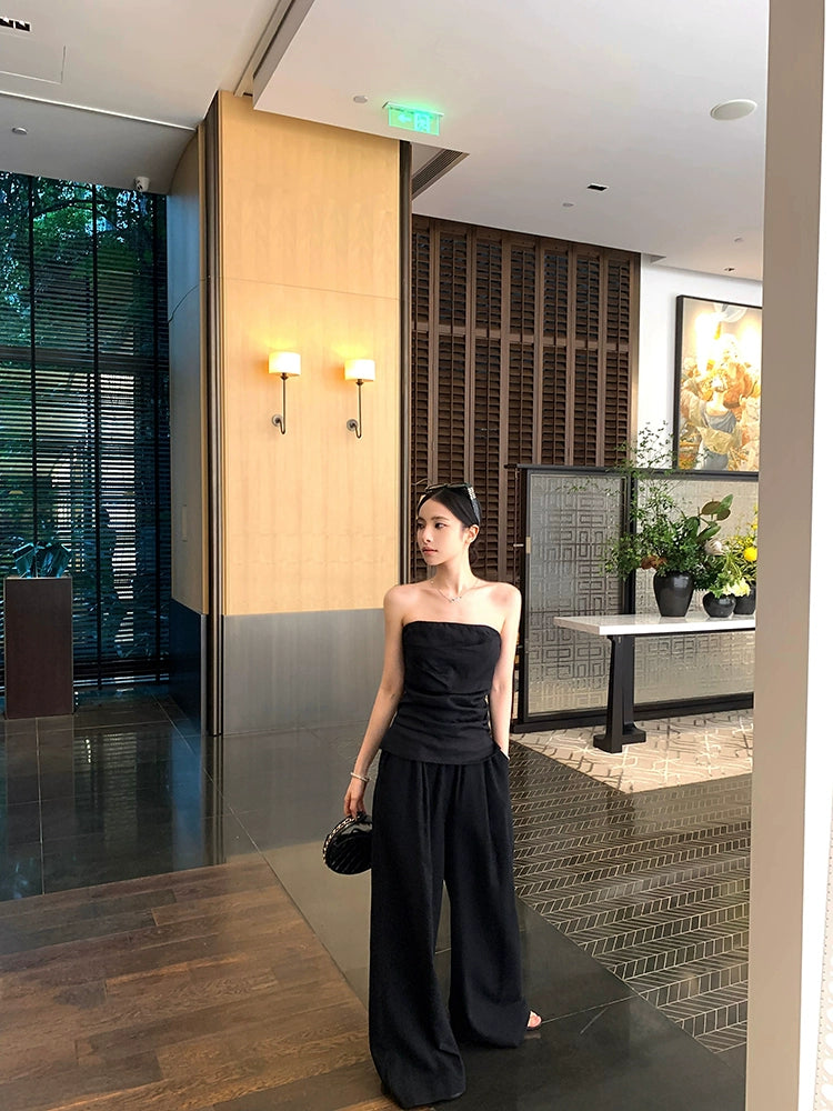 White Linen Strapless Crop Top & Wide-Leg Pants Set – Elegant Summer Two-Piece Outfit (Available in 2 Colors)