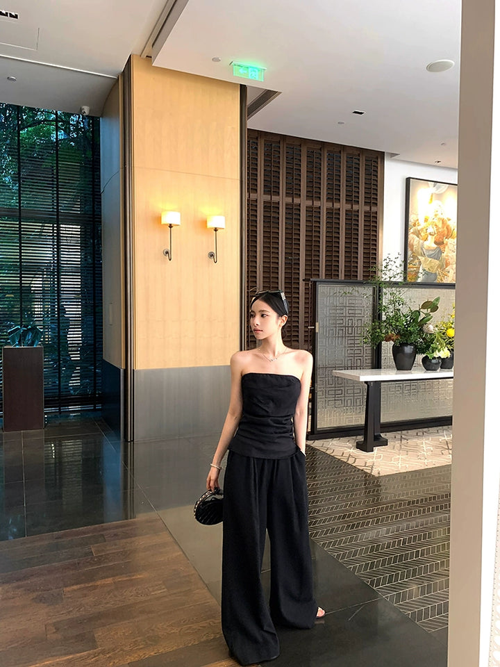 White Linen Strapless Crop Top & Wide-Leg Pants Set – Elegant Summer Two-Piece Outfit (Available in 2 Colors)