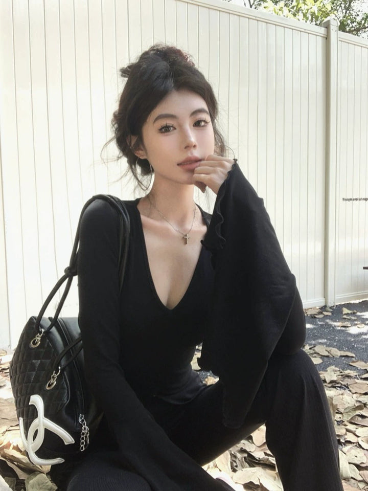 Slim Fit V-Neck Flared Sleeve Long Tee – Edgy Split Design (Available in 2 Colors)