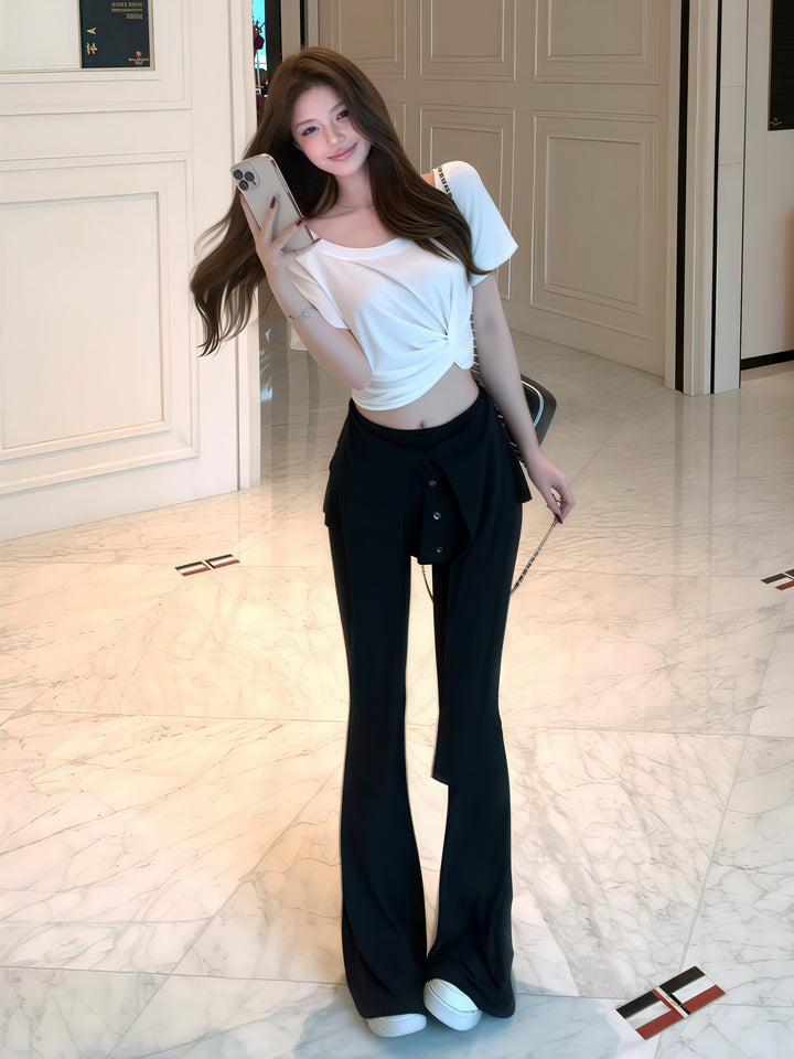 白色扭纹前短款 T 恤 - 修身短袖上衣