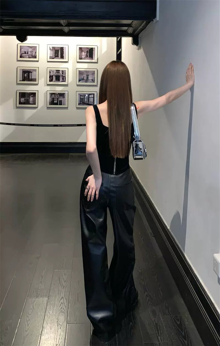 Black High-Waist PU Leather Wide-Leg Pants