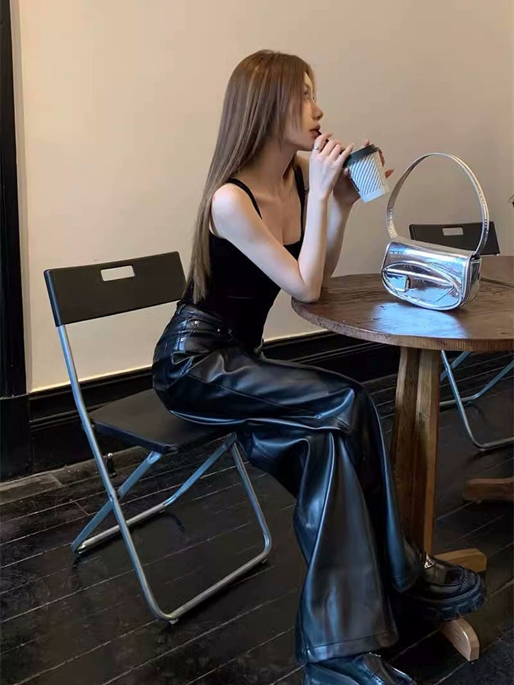 Black High-Waist PU Leather Wide-Leg Pants