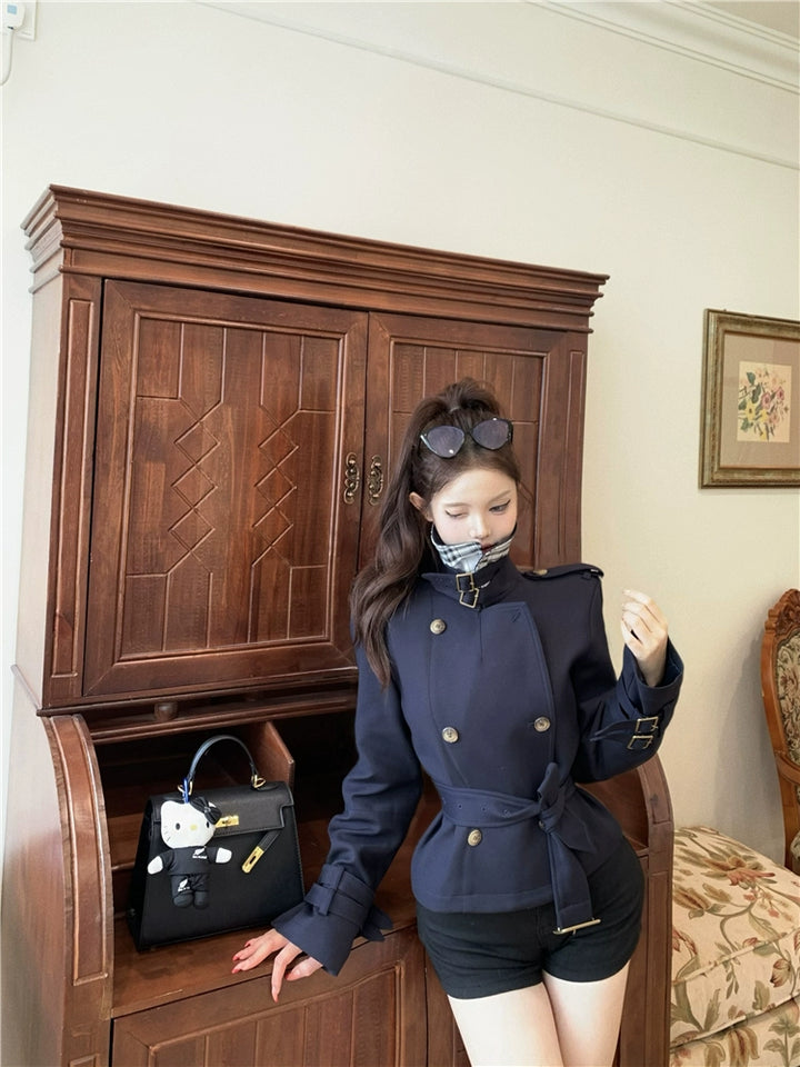 Navy Stand-Collar Trench Jacket – Elegant Slim-Fit British Style Coat (Available in 2 Colors)