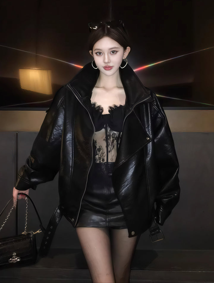 黑色仿皮機車夾克 – 復古拉鍊 PU 機車外套（2 種顏色可選）