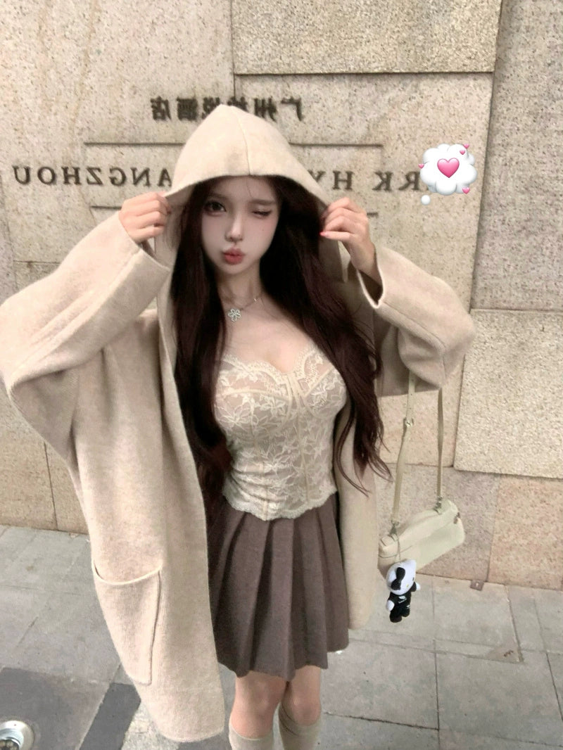 Apricot Hooded Knit Cardigan Set – Soft Loose-Fit Three-Piece Outfit (Available in 4 Colors)