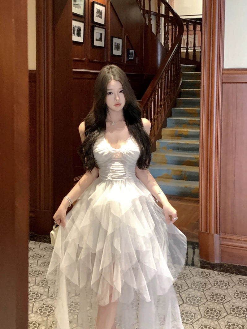 French White Mesh Strap Long Dress – Elegant A-Line Waist Slimming Gown