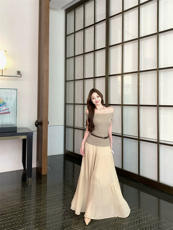 Off-Shoulder Fitted Knit Tee & High-Waist A-Line Maxi Skirt Set – Summer Two-Piece Outfit