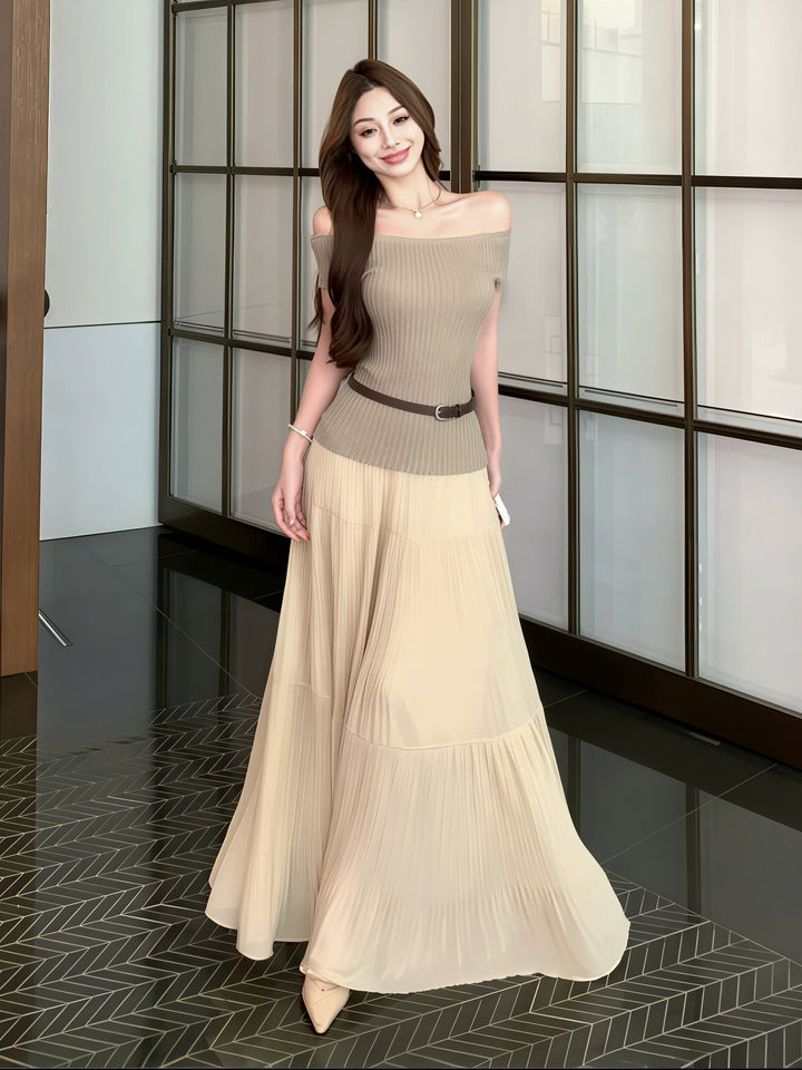 露肩修身针织T恤和高腰A字长裙套装——夏季两件套