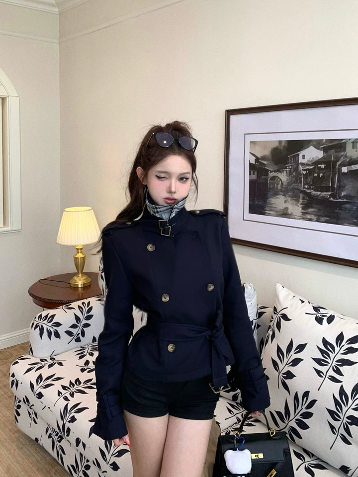 Navy Stand-Collar Trench Jacket – Elegant Slim-Fit British Style Coat (Available in 2 Colors)