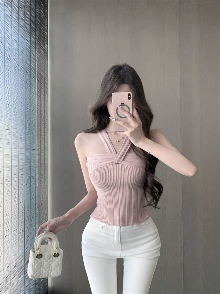 纯欲风粉色针织吊带背心女夏季收腰修身内搭无袖外穿短款打底上衣