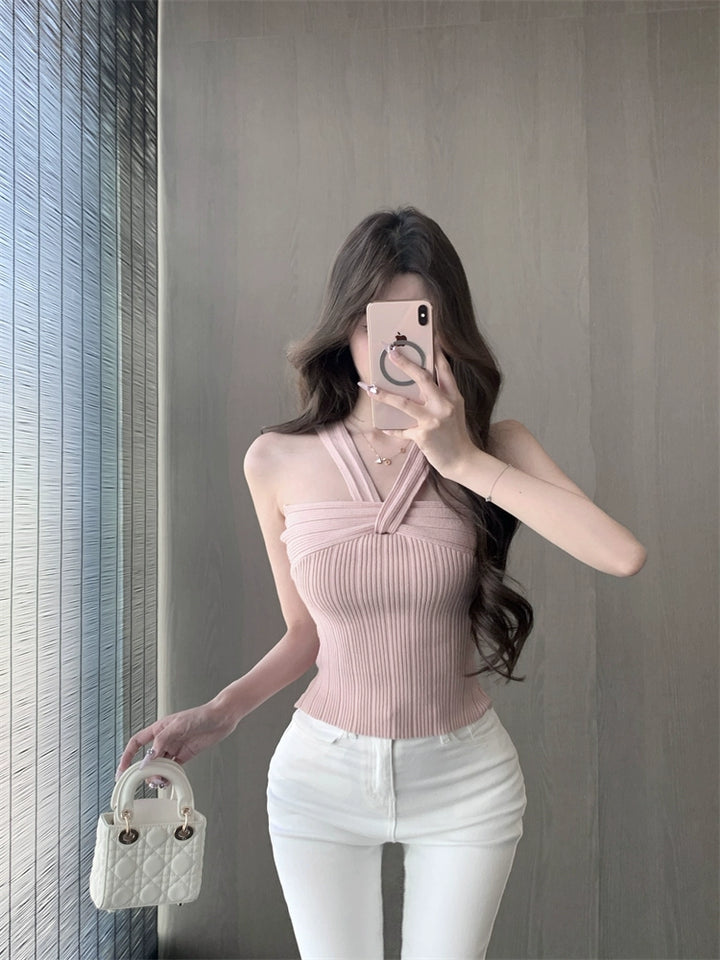 纯欲风粉色针织吊带背心女夏季收腰修身内搭无袖外穿短款打底上衣