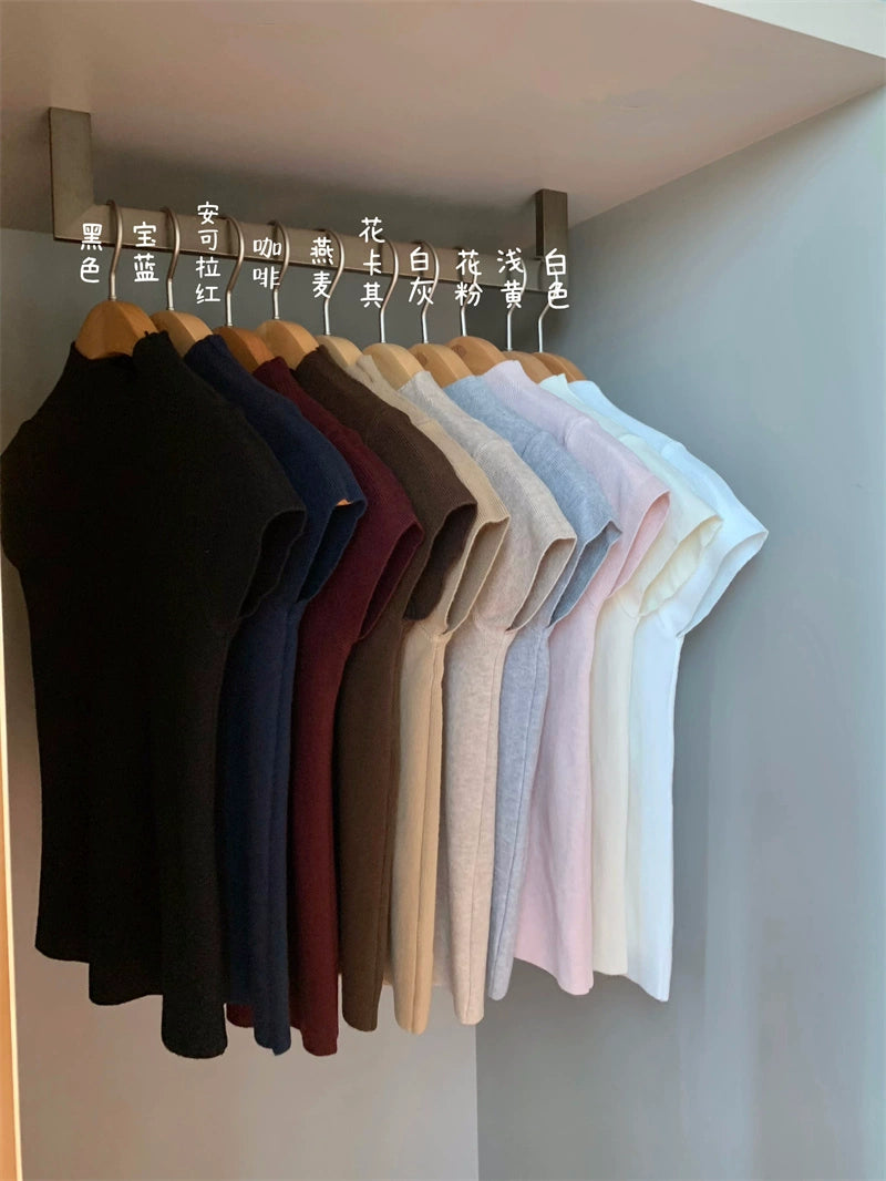 Mock Neck Ribbed Short Sleeve Knit Top – Slim Fit Cropped Tee(Available in 10 Colors)