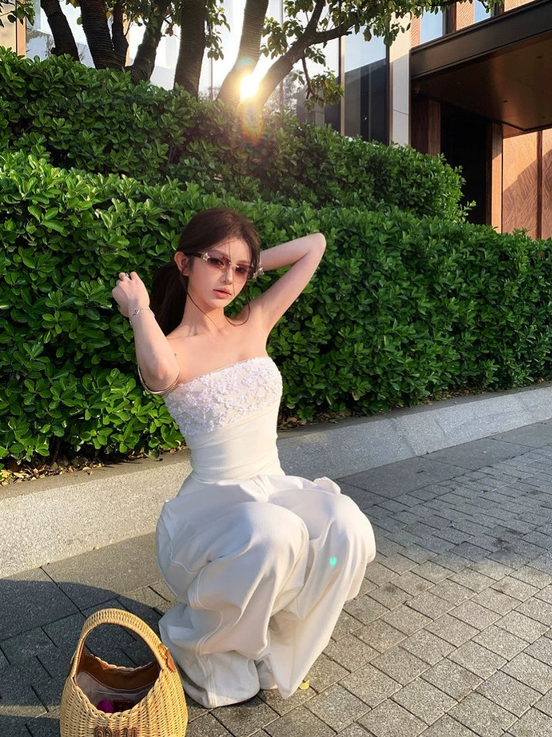 White Sequin Backless Tube Top & Wide-Leg Pants Set – Glamorous Two-Piece Outfit