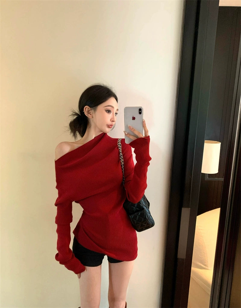 Asymmetric Off-Shoulder Slim Knit Top (Available in 4 Colors)