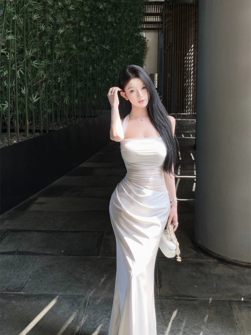 Satin Halter Backless Mesh Panel Mermaid Maxi Dress – Pure Desire Style (Available in 2 Colors)