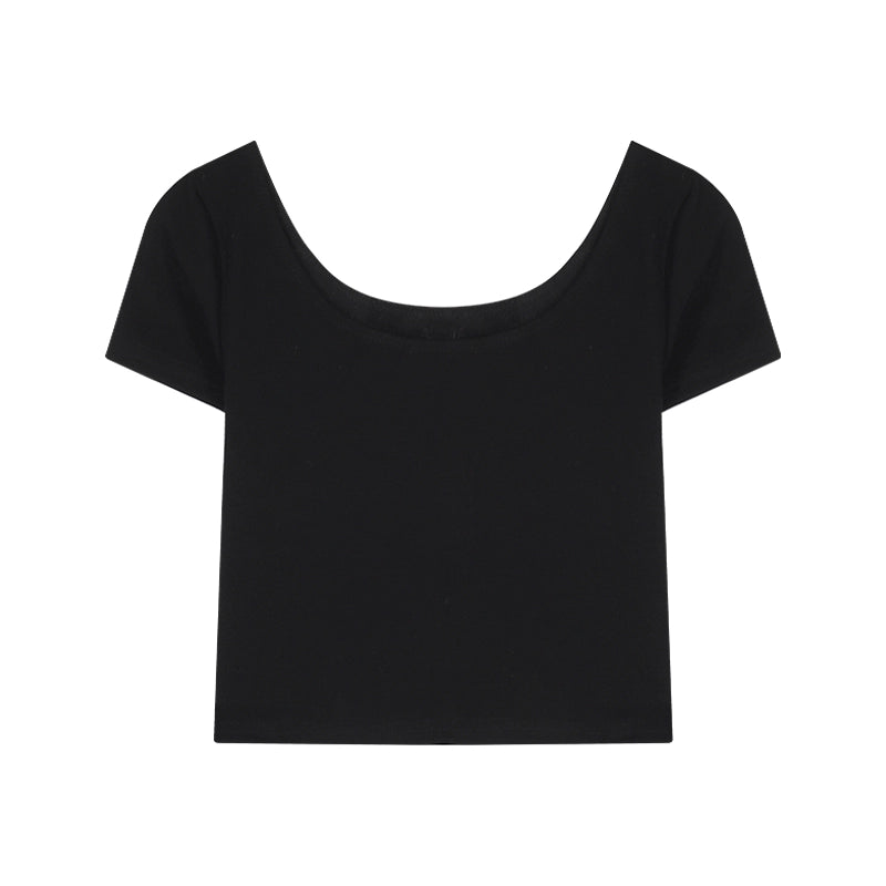 Black Slim-Fit Round Neck Short Sleeve Crop Top – Sexy Tight Basic Tee