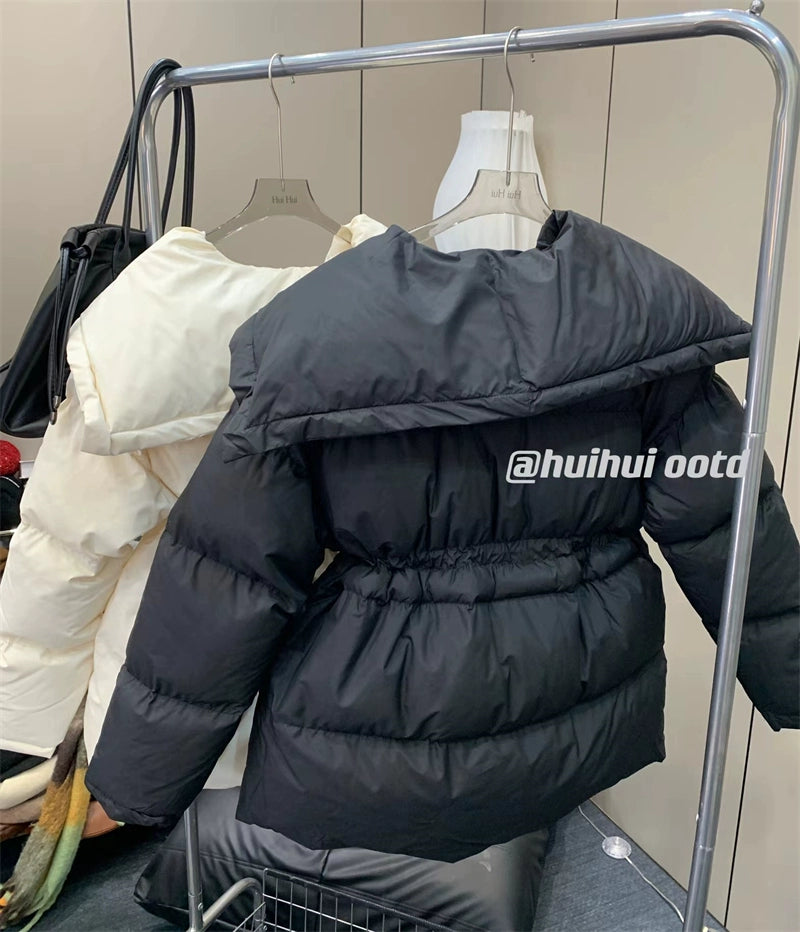 Black Puffer Cotton Jacket – Mid-Length Drawstring Winter Coat (Available in 2 Colors)