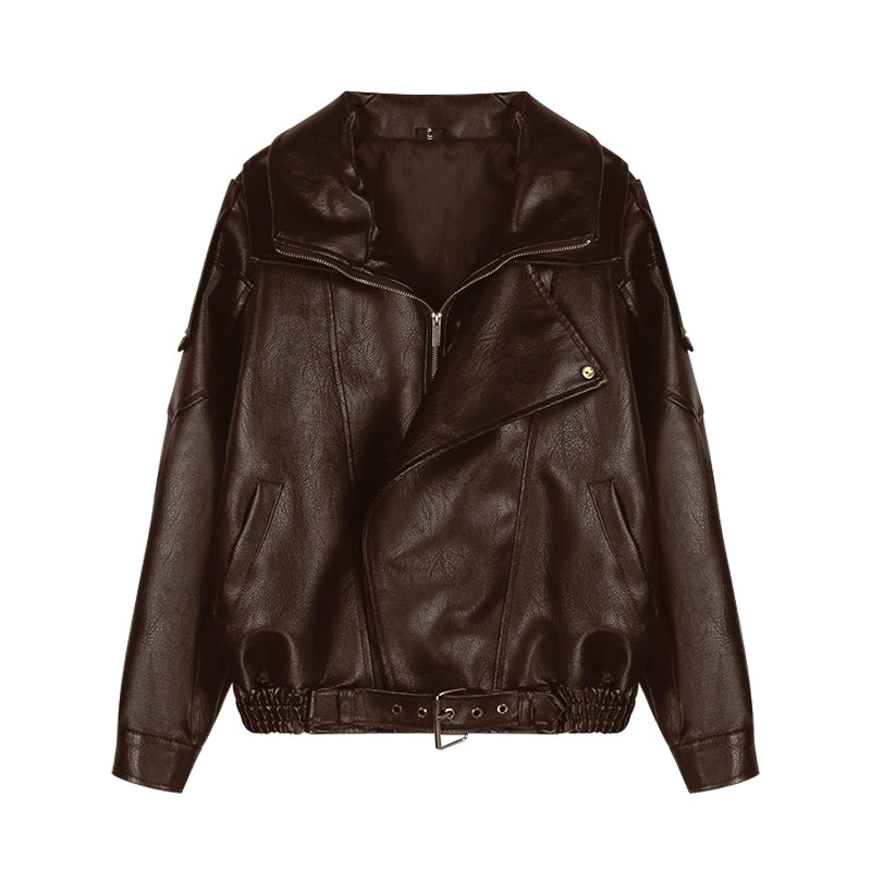 Black Faux Leather Biker Jacket – Vintage Zip-Up PU Moto Coat (Available in 2 Colors)