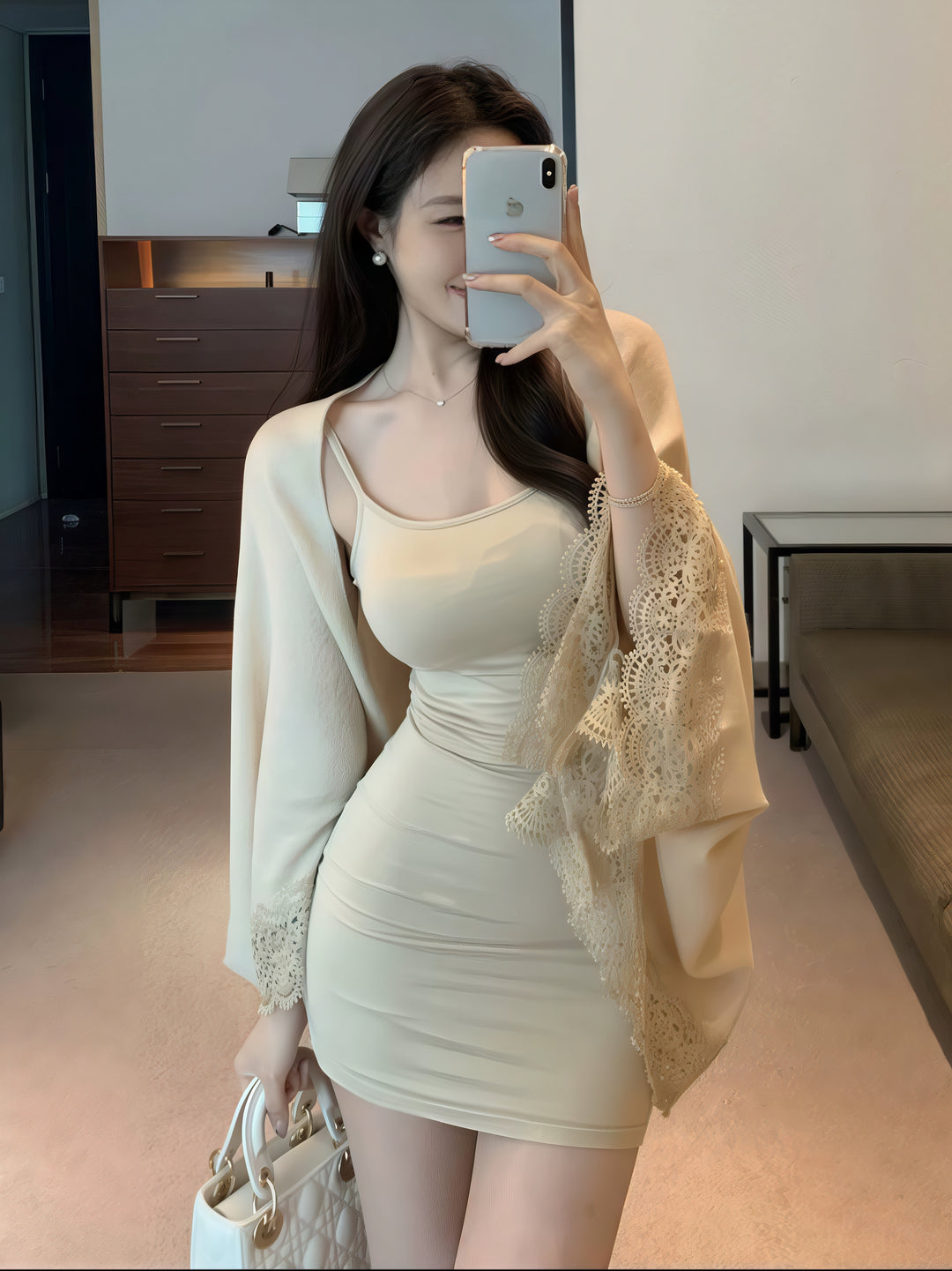 蕾丝边两件套连衣裙套装（内置胸罩）-性感细肩带连衣裙和透明披肩套装（2 种颜色可选）