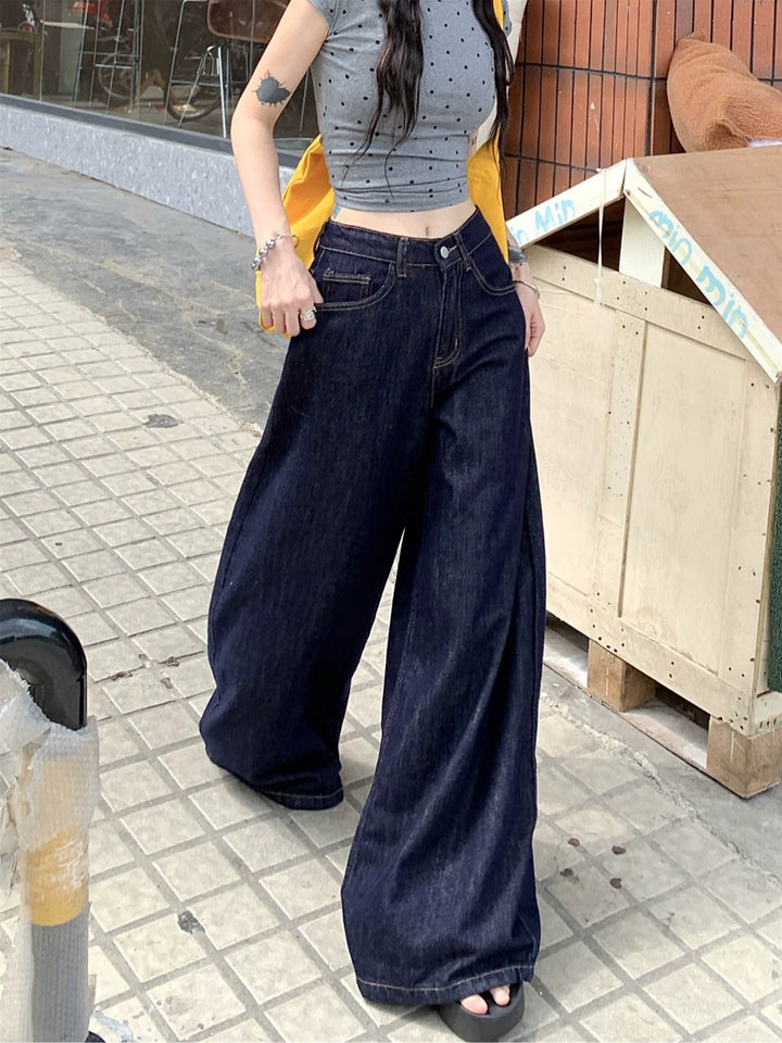 Deep Blue High-Waist Wide-Leg Jeans – Vintage Loose Straight Pants for Women