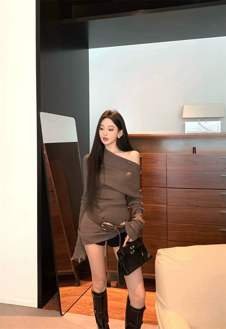 Asymmetric Off-Shoulder Slim Knit Top (Available in 4 Colors)