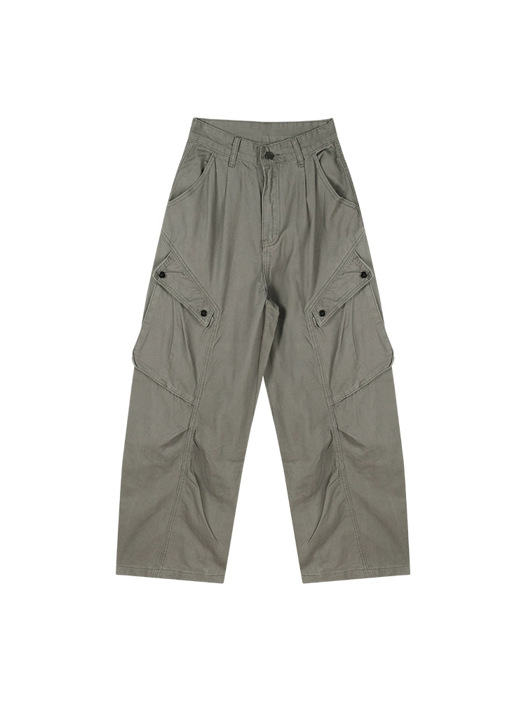 Army Green Cargo Denim Pants – Vintage High-Waist Wide-Leg Jeans with Utility Pockets