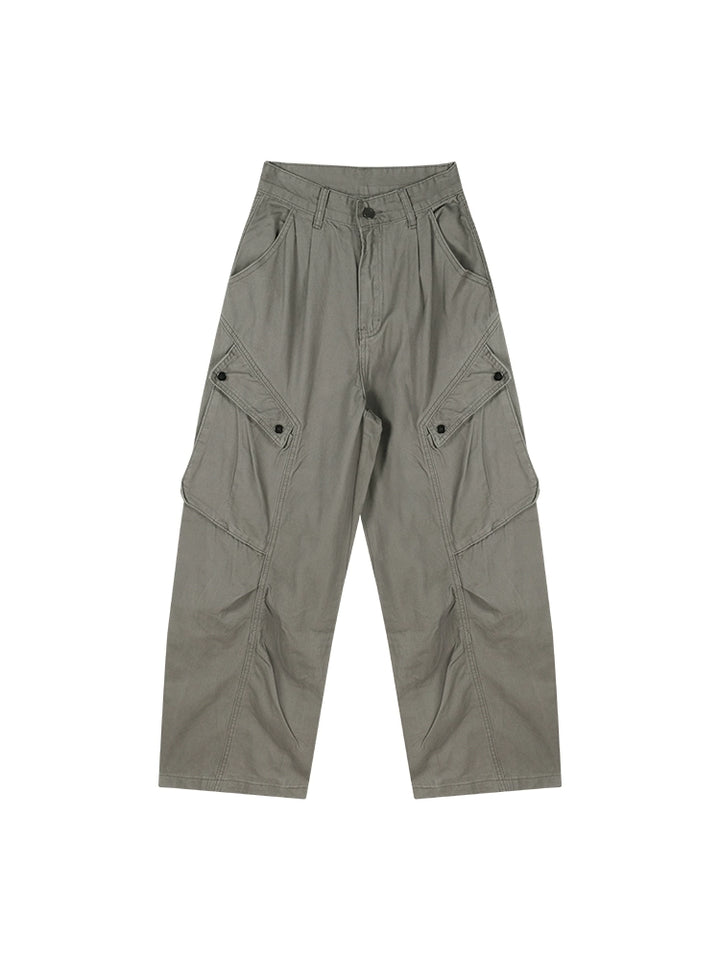 Army Green Cargo Denim Pants – Vintage High-Waist Wide-Leg Jeans with Utility Pockets