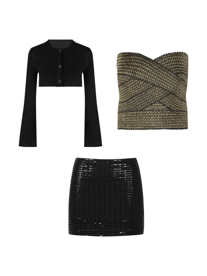 Black Knit Cardigan, Tube Top & Bodycon Skirt Set – Elegant Three-Piece Outfit