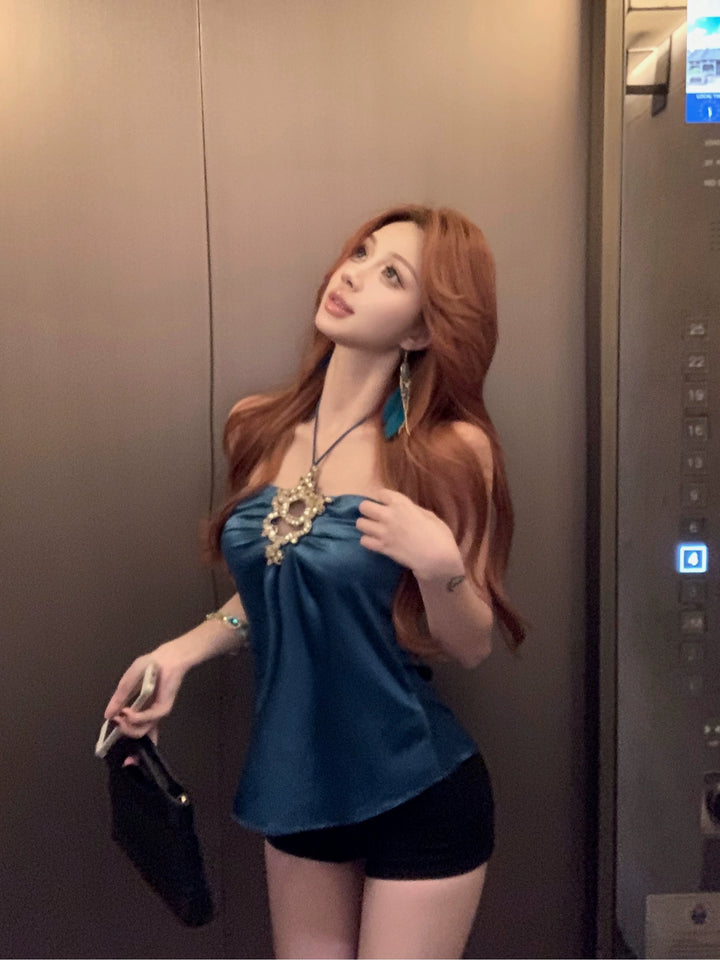Luxury Satin Rhinestone Halter Crop Top – Elegant Hollow-Out Camisole for Women