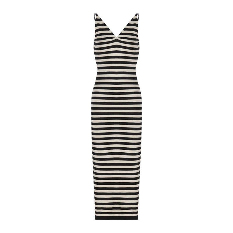 Striped V-Neck Bodycon Maxi Dress with Side Slit – Summer Slim Fit Elegant Style