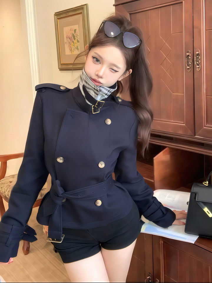 海军蓝立领风衣 – 优雅修身英伦风外套（2色可选）