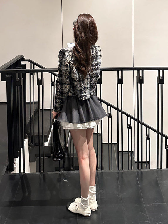 Elegant Tweed Floral Jacket, White Blouse & Gray Mini Skirt Set – Korean Chic Three-Piece Outfit