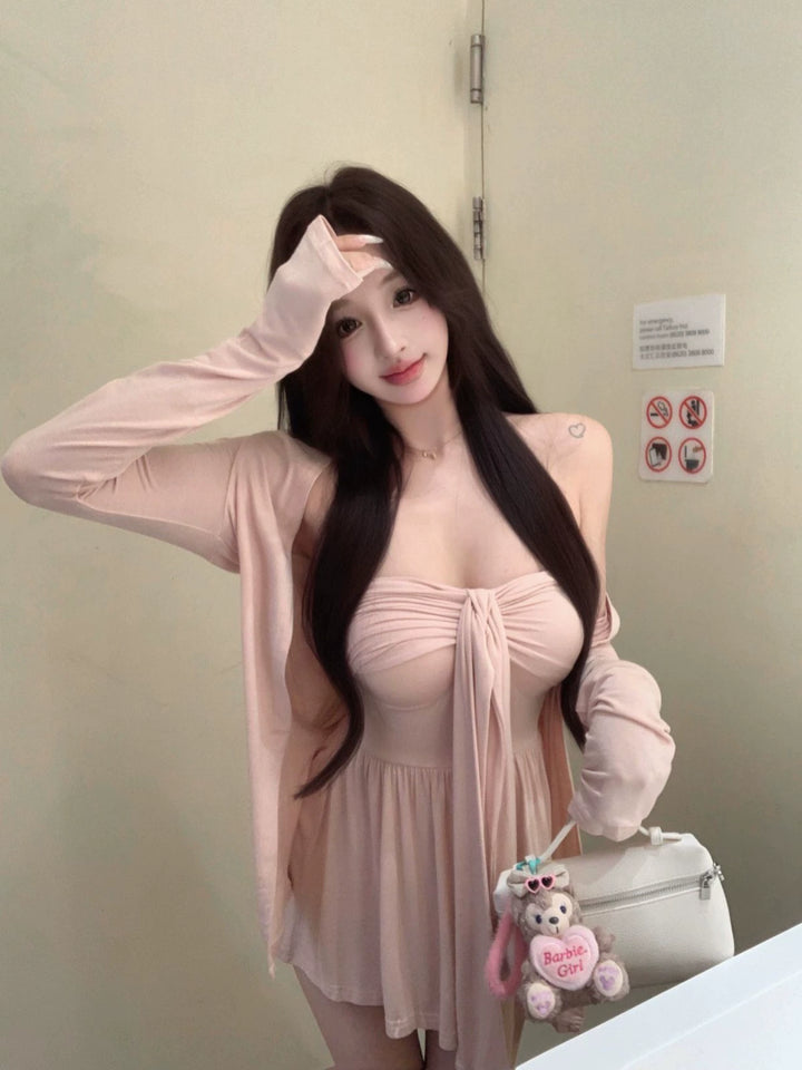 Pink Knit Cardigan & Tube Top Set – Two-Piece Slim Fit Outfit