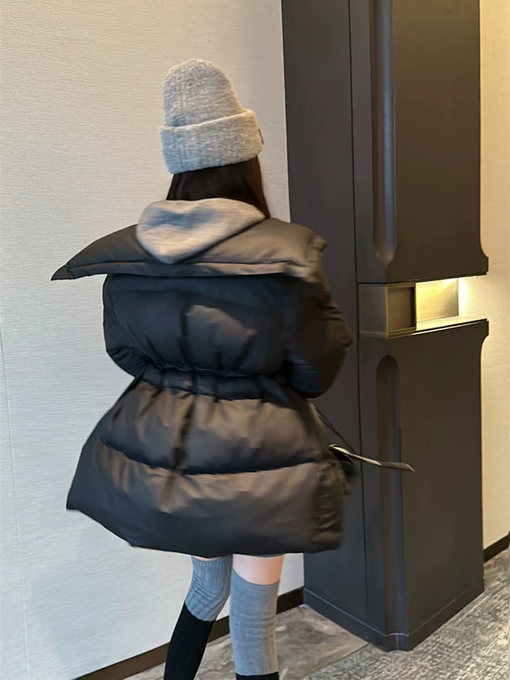 Black Puffer Cotton Jacket – Mid-Length Drawstring Winter Coat (Available in 2 Colors)