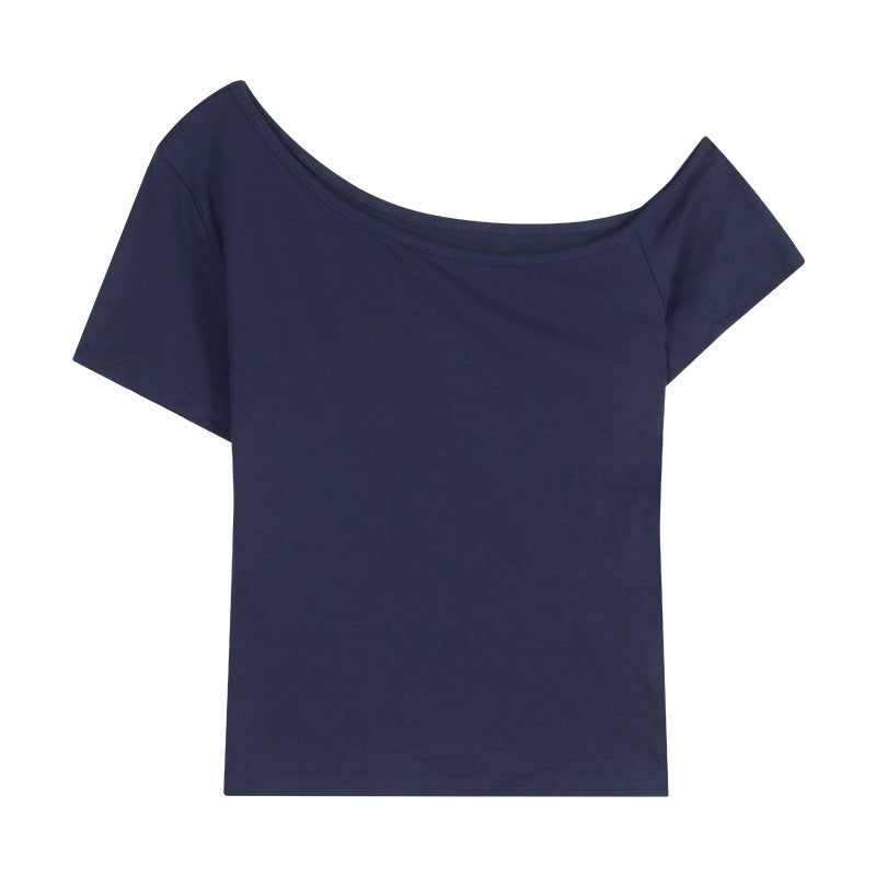 Asymmetrical Off-Shoulder Slim Fit Crop Tee – Chic Navy Statement Top for Summer