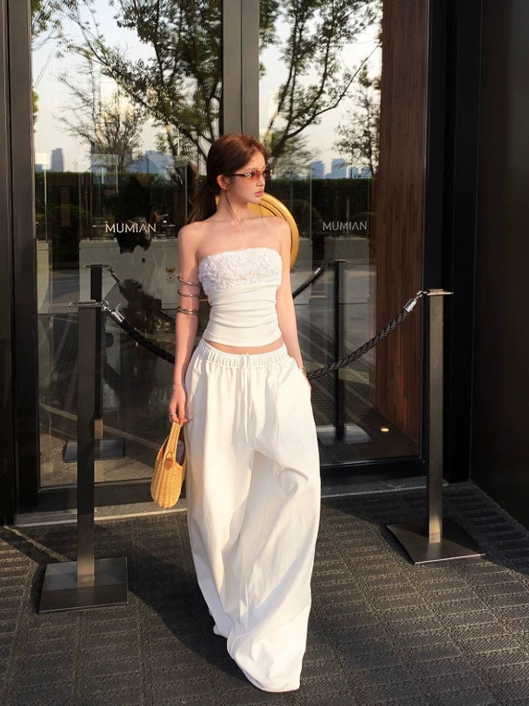 White Sequin Backless Tube Top & Wide-Leg Pants Set – Glamorous Two-Piece Outfit