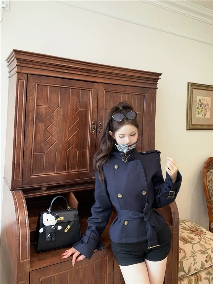 Navy Stand-Collar Trench Jacket – Elegant Slim-Fit British Style Coat (Available in 2 Colors)