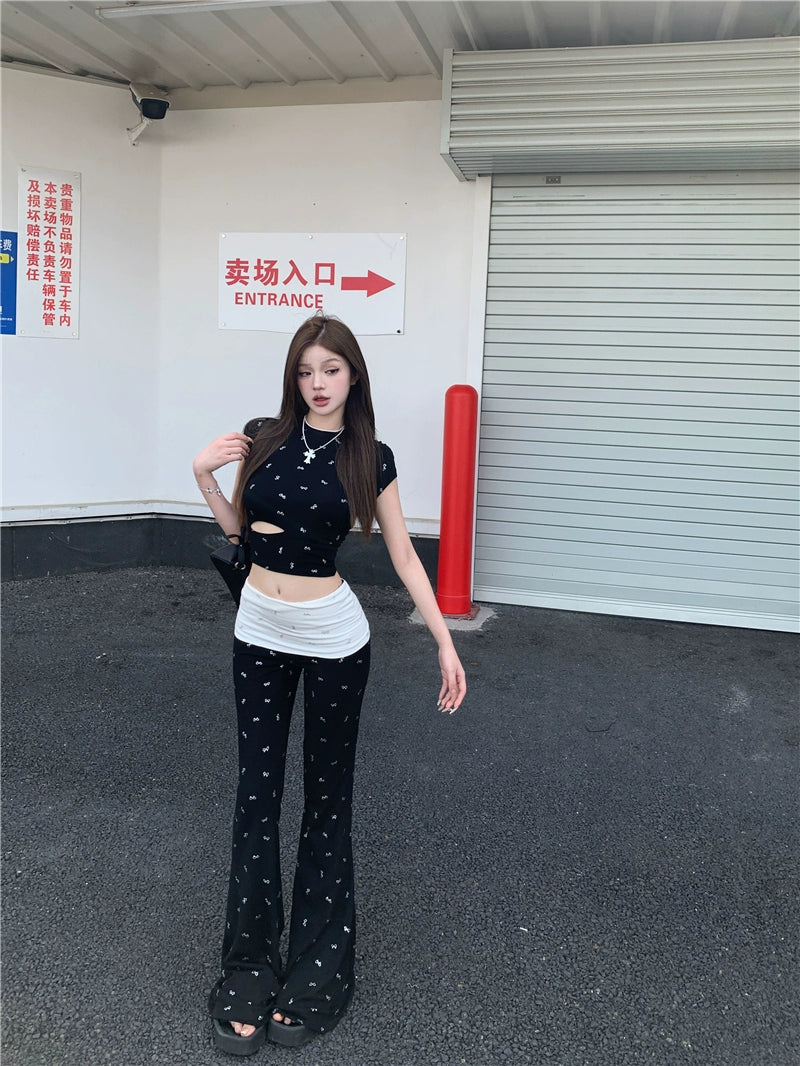 Butterfly Bow Cutout T-Shirt & Flared Casual Pants Set – Trendy Two-Piece Summer Outfit (Available in 2 Colors)