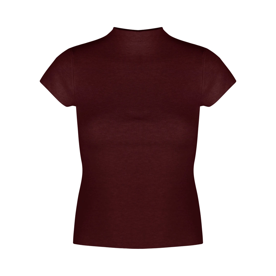 Mock Neck Ribbed Short Sleeve Knit Top – Slim Fit Cropped Tee(Available in 10 Colors)