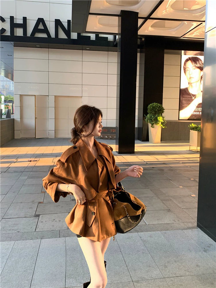 Vintage Brown Suede Jacket – Belted Loose-Fit Long Sleeve Cardigan Coat