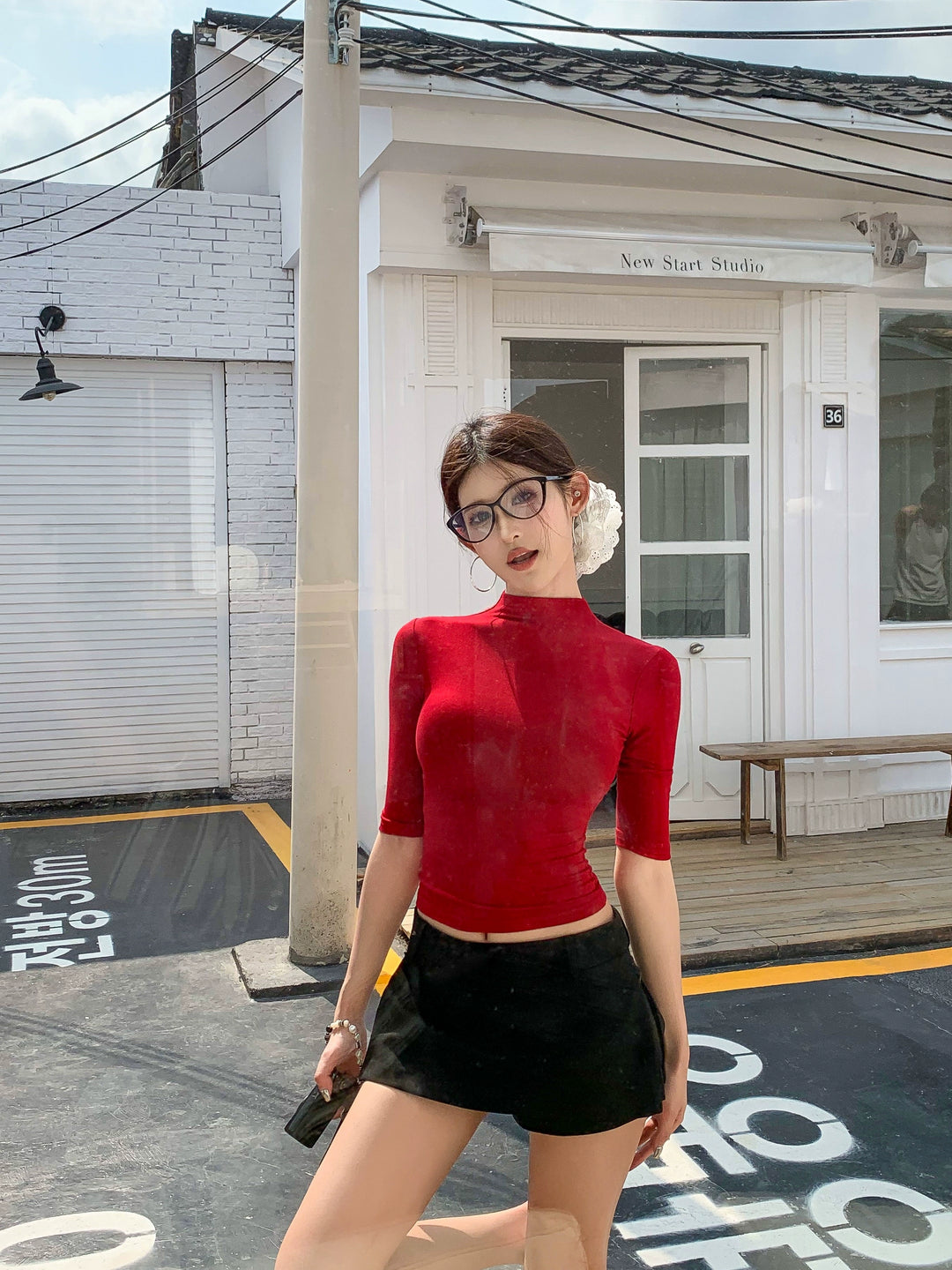 High-Neck Fitted Short Sleeve Top – Sexy Slim Korean Style (Available in 3 Colors)