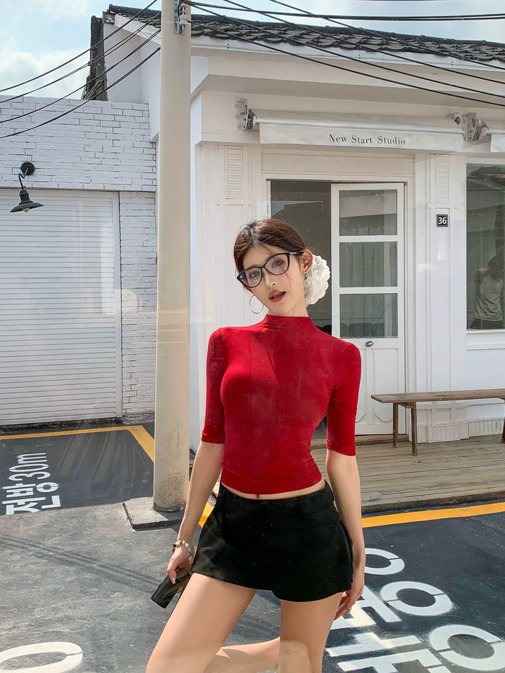 High-Neck Fitted Short Sleeve Top – Sexy Slim Korean Style (Available in 3 Colors)