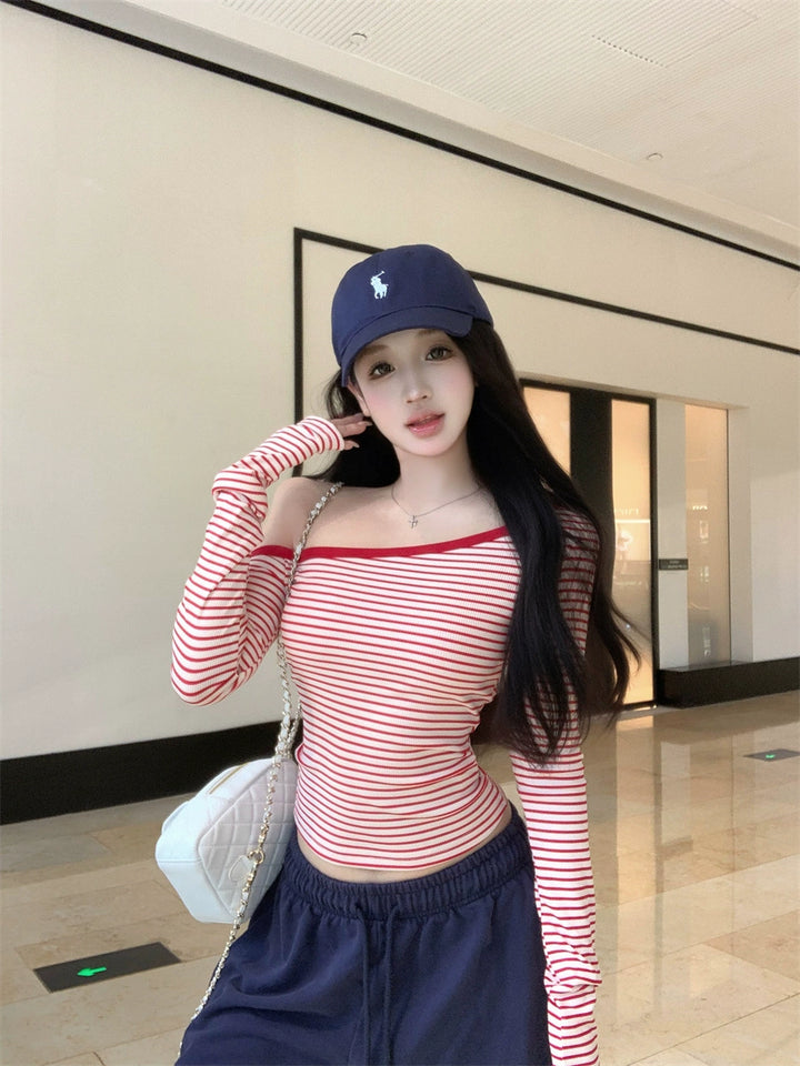 Pink Striped Off-Shoulder Long Sleeve Crop Top – Slim-Fit Waist Hugging Tee