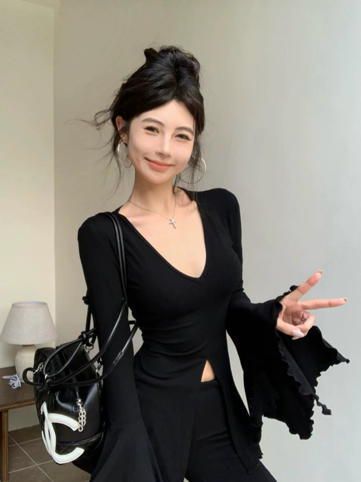 Slim Fit V-Neck Flared Sleeve Long Tee – Edgy Split Design (Available in 2 Colors)