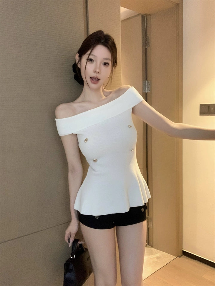 Off-Shoulder Knit Top – Slim-Fit Short Sleeve Cropped Tee (Available in 3 Colors)