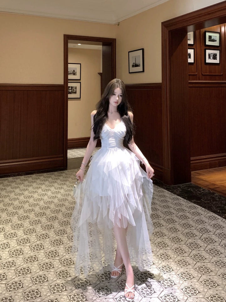French White Mesh Strap Long Dress – Elegant A-Line Waist Slimming Gown