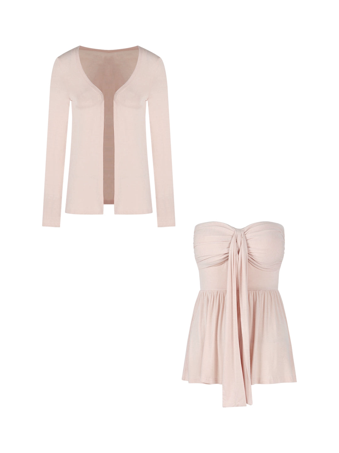 Pink Knit Cardigan & Tube Top Set – Two-Piece Slim Fit Outfit